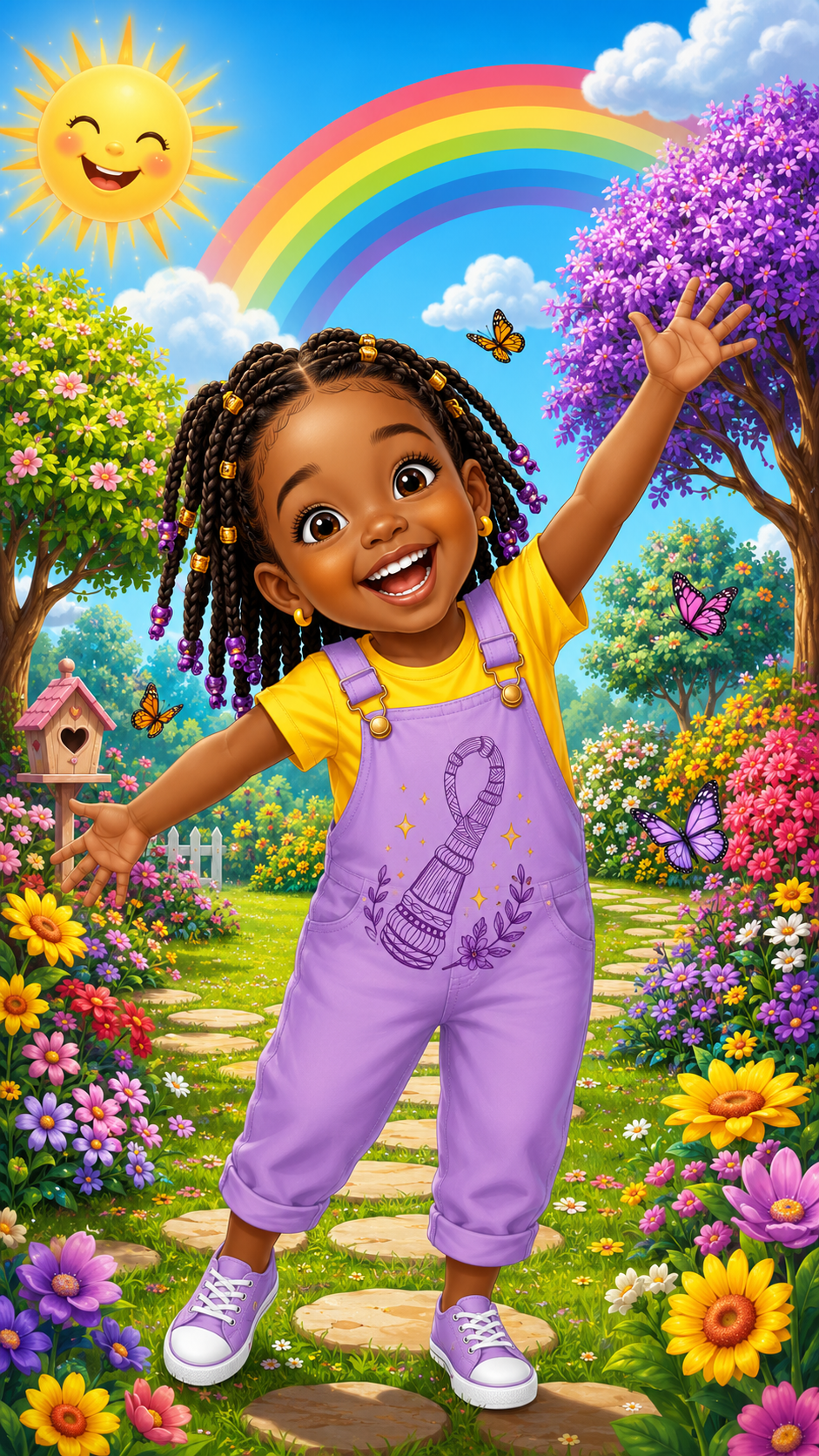 Menina sorrindo com macacão lilás e tranças com miçangas em um jardim florido